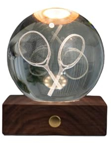 Gingko Design Amber Crystal Light – Tennis Rackets | LED Mood Lamp with Natural Walnut Base | Unique Gift for Tennis Lovers, Desk, Bedside or Living Room Decor