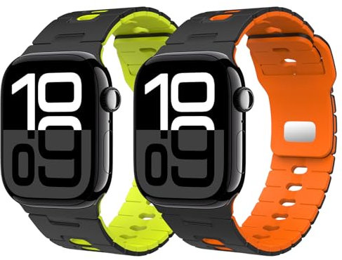 Astorgos 2Pezzi Cinturino Compatibile con Apple Watch Ultra 3/2/1 49mm,S11/S10 46mm,9/8/7 45mm,SE3/SE2/SE/6/5/4 44mm,3/2/1 42mm,Cinturino in Silicone Regolabile per Sport,NeroArancione+NeroGialloFluo
