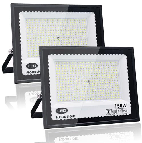 2 Piezas Focos LED Exterior 150W, Tkdaksy Blanco Frío 6500K Proyector LED Exterior, Resistente al Agua IP66 Foco Proyector LE D, 15000LM para Jardines, Patios, Garajes, Azoteas, Terrazas,Aparcamientos
