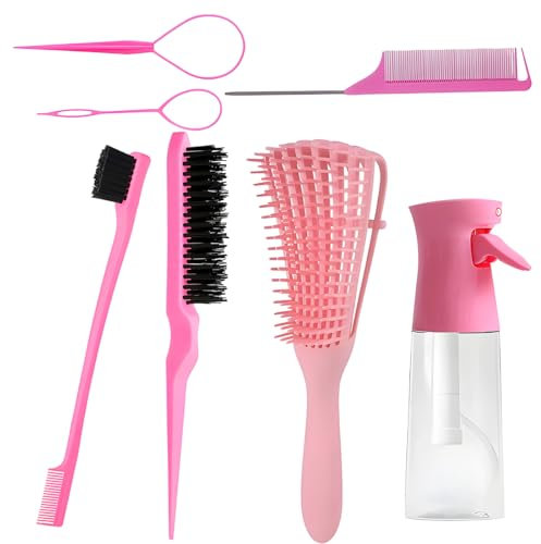7pcs Spray Bottles for Hair, Detangling and Water Spray Bottle for Styling, Back Brushing, Combing, Braiding, Includes Hair Brush Set and Tangle Teaser Brush