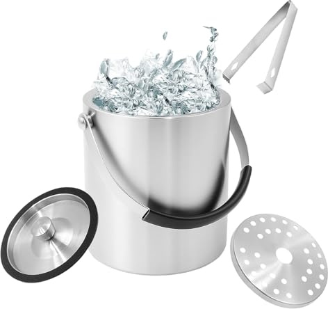 Yeqqzq 1.6L Double Walled Stainless Steel Insulated Ice Bucket with Silicone Lid, Strainer, Tongs, Ice Bucket Wine Buckets for Cocktail Bar and Parties
