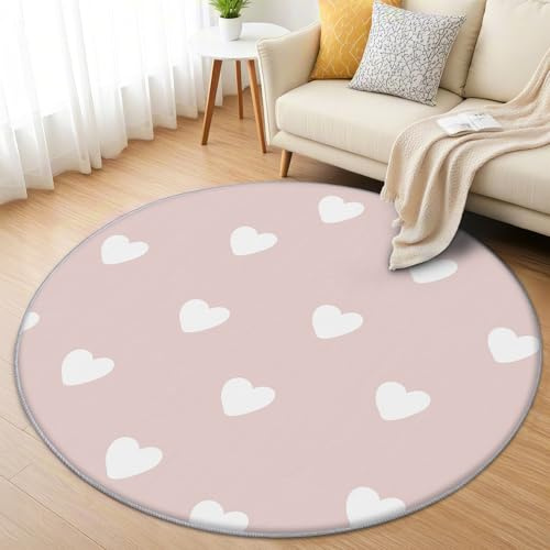 AevuCub Rosa Herzen Teppich Rund 100cm Kurzflor - Waschbare Teppiche Wohnzimmer Mädchen Herz - Runder Teppich 100cm Durchmesser Kinderzimmer - Bettvorleger Schlafzimmer rutschfest Weich