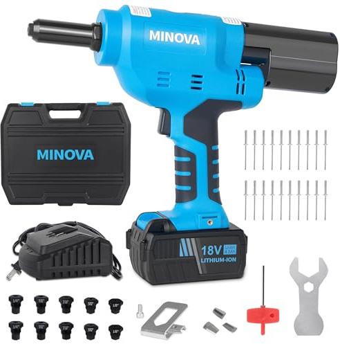 Minova Pistola de remache sin escobillas, herramienta de remache inalámbrica compatible con remaches de acero inoxidable de 6,4 mm, retroceso automático con batería de 18 V 4,0 Ah (2 piezas) 1