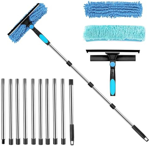 3.9M Window Cleaning Equipment – Window Squeegee Cleaner Tool Kit with 3 Microfiber Cloths, 10 Section Extendable Window Cleaning Poles for High Window Car Glass- Blue