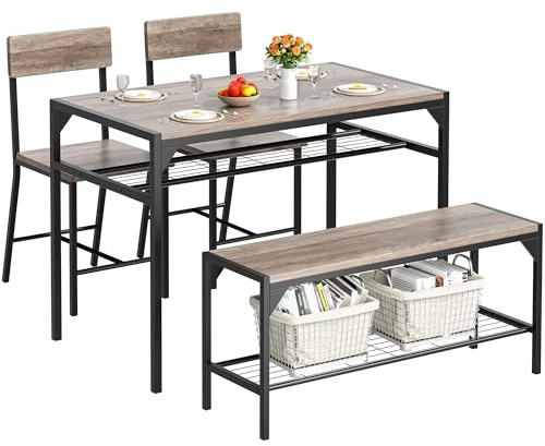 Shintenchi Dining Table Set for 4 with Bench and Chairs, Oak Gray
