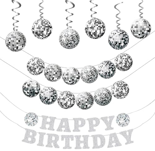 8 Stück Disco Deko Girlande Silber, 1 Silber Happy Birthday Banner Discokugel Hängend Wirbel Glitzer Discokugel Deko Girlande Banner für Geburtstag, Neujahr Deko, Karneval, 80er 90er Jahre Disco Par
