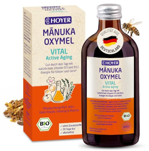 HOYER MĀNUKA OXYMEL VITAL Active Aging BIO - 20-Tage-Kur | mit Mānuka Honig MGO 300+, Gelée Royale, Ginseng & Matcha, mit Vitamin D3 & B12, Nahrungsergänzung für Energie & Wohlbefinden