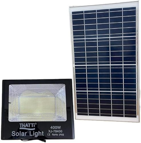 FLM SYSTEM Faro Solare LED 400W da Esterno con Sensore Crepuscolare – Proiettore Solare con Telecomando, Luce Fredda 6500K, Impermeabile per Giardino, Cortile e Garage