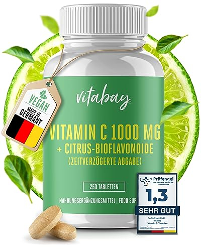 Vitabay Vitamina C 1000 mg – 250 compresse vegane a rilascio prolungato con 50 mg di flavonoidi agrumari – Con acido ascorbico (60%) – Senza additivi – Testata in laboratorio in Germania
