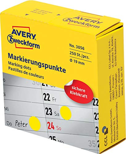 AVERY Zweckform 3856 selbstklebende Markierungspunkte (ø 19 mm, 250 Klebepunkte auf Rolle im Spender, runde Aufkleber für Kalender, Planer und zum Basteln) gelb