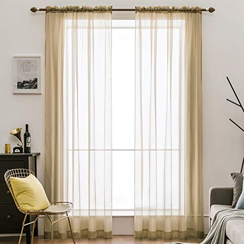 MIULEE 2er Set Voile Vorhang Transparente Gardine aus Voile Polyester Stangendurchzug Transparent Wohnzimmer Luftig Dekoschal für Schlafzimmer Hellbraun 245 x 140cm (H x B), Rod Pocket