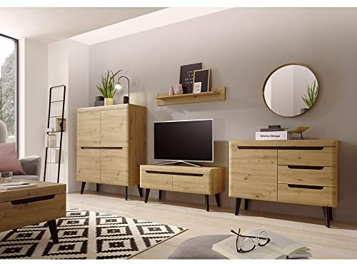 Wohnwand Anbauwand Eiche Artisan mit schwarz, Skandinavisches Design, Highboard, TV-Lowboard, Wandregal und Kommode