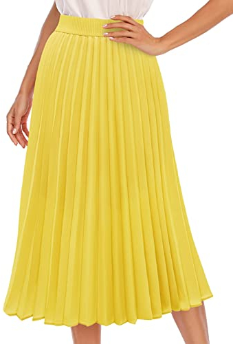 DRESSTELLS Faltenrock Damen Midi Plisseerock Elegent Boho Elastisch Chiffon Rock A-Linie Vintage Retro Rock Yellow L