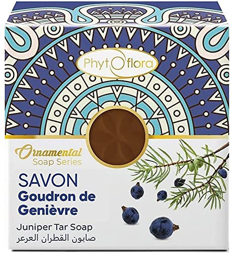 Phytoflora Shampoing Solide Goudron De Genièvre 125gr 1 pcs avec Porte Savon,Shampoing Antipelliculaire Chute Acne Eczema Point Noir,Gommage Corps