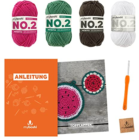 myboshi Häkelset Topflappen-Set Tenri, Früchte-Topflappen, inkl No.2 Wolle, Nadel und Anleitung, Haushalt, Häkelpaket, 85% Baumwolle, 15% Kapok Rot mit Häkelnadel