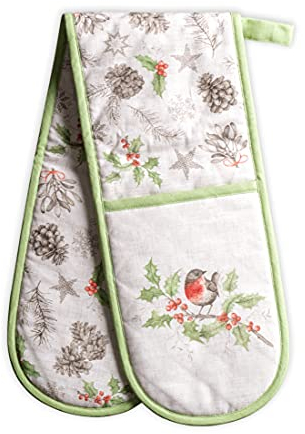 Maison d' Hermine Double Oven Mitt (18 cm x 89 cm) 100% Cotton Heat Resistant BBQ Cooking Gloves with Loop for Christmas Decorations Baking Cooking Barbeque Handling Hot Pan (Christmas Dew)