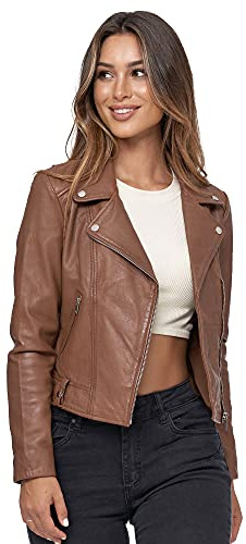 Tazzio Lederjacke Damen Echtleder Jacke im Biker Look mit coolen Zipper-Details & Reverskragen F507 (M, Camel)