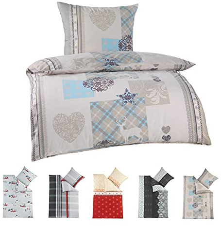 BaSaTex Feinbiber Winter Bettwäsche warme und kuschelige Bettgarnitur und Kissenbezug 135x200 + 80x80 cm | 100% Baumwolle | Kitzbühel - Landhaus - Beige Blau Grau