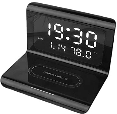 Riloer Schlafzimmer-LED-Display Drei-in-Eins-Thermometeruhr mit ewigem Kalender und digitalem Wecker mit 10-W-Qi-Wireless-Ladefunktion