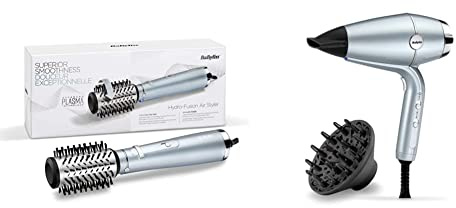BaByliss AS773E Hydro Fusion Warmluftbürste mit Super-Ionen-Technologie, 800 g, Eisblau & Hydro-Fusion Haartrockner mit Advanced Plasma Ionen-Technologie, D773DE, Eisblau