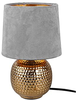 meineWunschleuchte Tischleuchte mit Keramikfuß Gold und Samtschirm Grau, Höhe 26cm