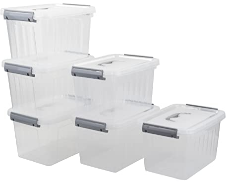 Zopnny Set of 6 Plastic Storage Boxes, 7 L Latch Storage Bin Tub with Lid/Handle, Clear