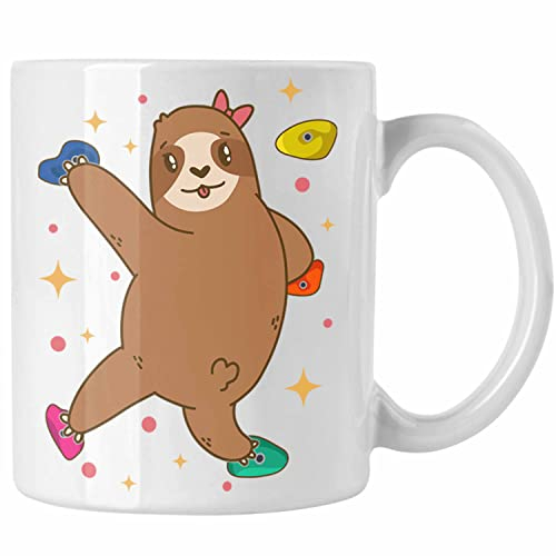 Trendation - Klettern Bergsteigen Geschenk Tasse Boulder Geschenkidee Berge Faultier Grafik Kinder Lustig (Weiß)