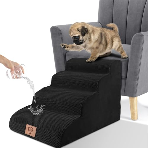 Zvonema Escalier pour Chien à 4 Marches, Escalier pour Animaux en Mousse Haute Densité, à Housse Imperméable & Amovible, Marche Pied Portable & Lavable, pour Chien & Chat, Lit & Canapé, Noir
