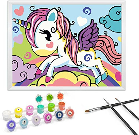 Zimrobin Peinture par numéros à partir de 5, 6, 7 ans, fille et garçon, avec cadre, 3 pinceaux et peintures acryliques, 18 x 24 cm (arc-en-ciel et licorne)
