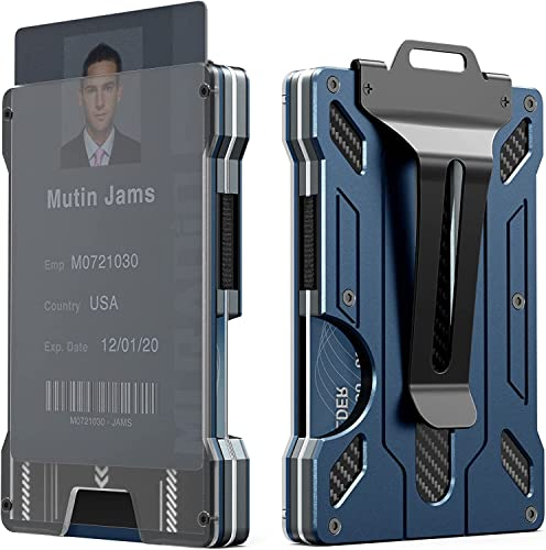 Porte-Badge en Métal, Portefeuille Mince et Porte-Cartes avec Fenêtre Visible, Mini Porte-Cartes de Crédit à Blocage RFID, Portefeuille Minimaliste pour Hommes et Femmes (Bleu Saphir)