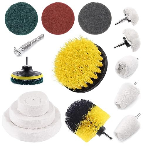 Glarks 14Pcs Buffing Wheel Drill Brush Scouring Pad Disc Pad Holder Assortment Kit for Metal Aluminum Stainless Steel Chrome Wood Plastic Ceramic Glass Woods Kitchen Bathroom Auto Carpet