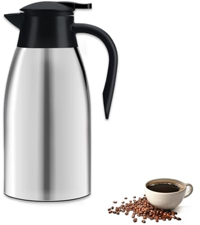 Pichet Isotherme 2L Thermos café 304 Acier Inoxydable Double-Wall Vacuum Isolé thermos 2L avec Poignée et Bec Café Pot Thermos pour Eau Chaud au Bureau Hôtel et Restaurant (argent)