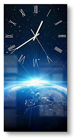 DEQORI Glasuhr | horizontal 30x60 cm | Motiv Sonnenaufgang im All | große XXL Design Uhr aus Glas | leise Wanduhr für Wohnzimmer & Küche | Moderne Hingucker Uhr für die Wand