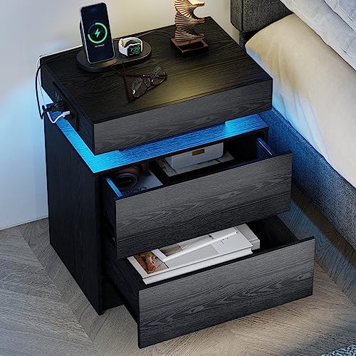 LIKIMIO Nightstand with Charging Station LED Light and 2 Drawers Black