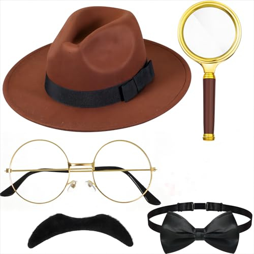 BBTO 6 Pcs Detective World Book Day Costume Accessories Adult Detective Hat Man Inspector Costume Set for Cosplay Party(Chic Style)