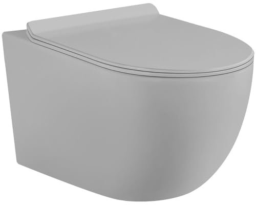 Inodoro colgante gris mate sin bridas con fijaciones invisibles + tapa ultra fina y desmontable + freno de caída (gris mate)