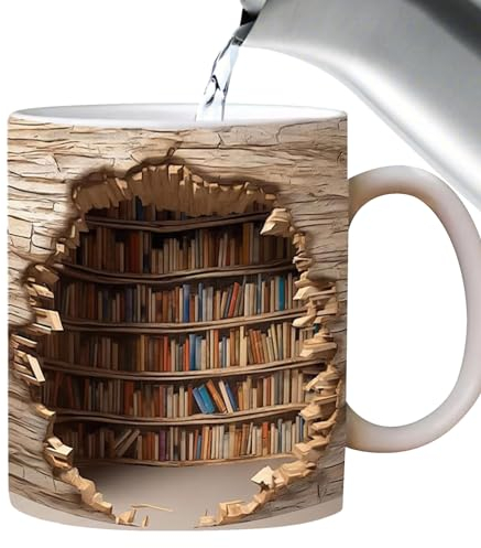 SPHERETRON Buch Keramik Kaffeetasse,3D Bücherregal Tasse,Bibliothek BüCherregal Reisebecher,Bibliothek BüCherregal Tasse,Teebecher Milchbecher Lustige Kaffeetassen Keramikbecher für Geschenke(Beige)