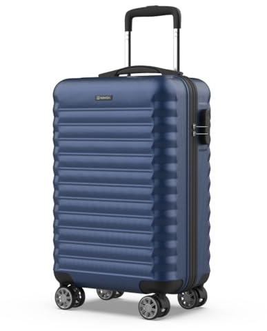 NUMADA - Handgepäck Koffer 55x36x19cm (31L) ABS Upfly XS mit 4 gummierte Doppelrollen und Zahlenschloss. Reisekoffer, Hartschalenkoffer mit Raumteiler und Packgurte | Dunkelblau