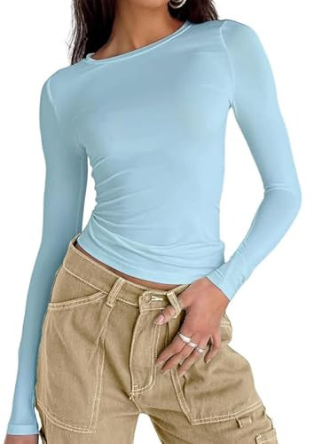 OYIGELZ Women's Basic Long Sleeve Shirt Crop Tops Y2K T-Shirt Slim Fit Casual Tee Shirt Streetwear(Sky Blue-a,S)