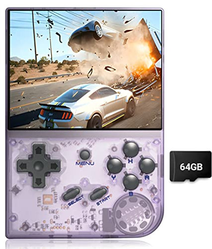 RG35XX Console di gioco portatile da 3,5, con scheda 64G precaricata per oltre 5000 giochi, supporta Linux e Garlic Dual Stylem, supporta HDMI e uscita TV (viola trasparente)