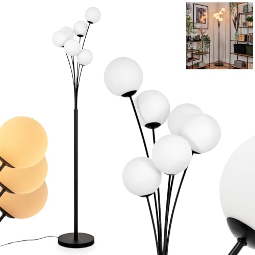 Stehleuchte Bernado, Stehlampe aus Metall/Glas in Schwarz/Weiß, Leuchte im modernen Retro/Vintage-Design mit Schirmen aus Glas (Ø 12 cm), dimmbar über Fußschalter, 6 x G9, ohne Leuchtmittel