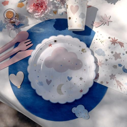 Lot de 10 assiettes en carton motif cœurs et étoiles, assiettes pour fête prénatale, fête d'anniversaire d'enfants, assiettes en carton de baptême, assiettes en carton rose et bleu