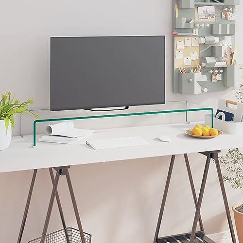 ShCuShan TV Stand/Monitor Riser Glass Clear 100x30x13 cm,Wood Monitor Stand Riser, Desk Monitor Stand,Ergonomic LapT O P Printer Stand with Cable Management for Computer, Notebook, iMac, PC