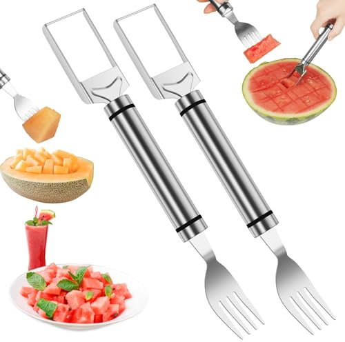 OSDUE Stainless Steel Fruit Slicer, 2 pcs 2 in 1 Watermelon Cutter Slicer Portable Dual Head Watermelon Fork Cutter Tool Cutting Fruit Cutter for Camping Kitchen Summer Family Party