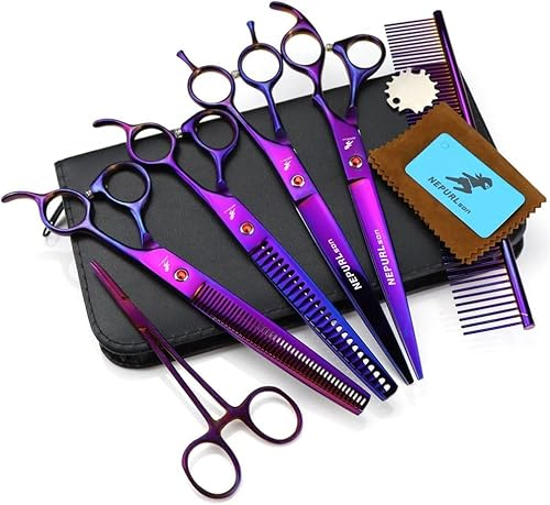 LQZO 8,0 Zoll professionelle Haustierpflege -Schere, Hundeausschere, dünner Schere und 2 PCs gekrümmte Scher mit Tasche (lila) für Tierpflegedienste