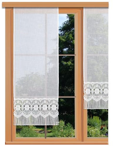Schiebepaneele Amalia mit Echter Vogtländischer Spitze in weiß Landhaus-Flächengardine in Käseleinenoptik Schiebevorhang mit Perlenschnurfransen 125 x 40 cm
