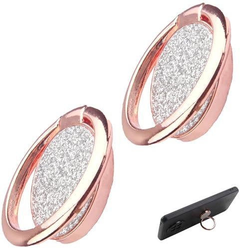 2 Stück Handy Ring Smartphone Fingerhalterung - 360 Grad Drehung, Universal Ring Halterung - Fingerhalterung Handy - Handy-Ringhalter, Glitzerndes Silber, Stabiler Halt für Ihr Smartphone (Rosa)