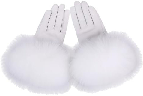 Damen Lammfell-Lederhandschuhe mit Bündchen für den Winter, warm, mit Fleece gefüttert, weiß, M 18cm