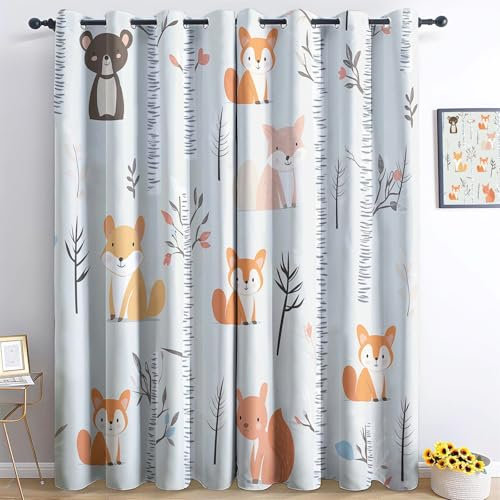 Verdunkelungsvorhänge mit Ösen H183 x B117 cm Waldtiere Bedruckte Verdunkelungsvorhänge 2 Stück Für Jungen & Mädchen Grau Schlafzimmer Blickdichte Fenstervorhänge