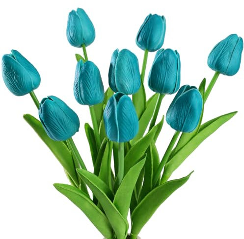 JUSTOYOU Ramo de 10 tulipanes artificiales de látex con tacto real, flores falsas de tulipán en color azul lago, ideal para bodas, decoración del hogar y jardín (azul lago, 10 piezas)